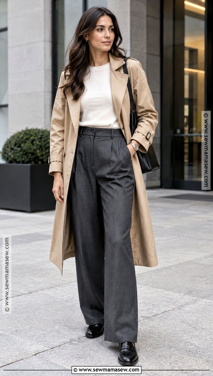 Fall Trench Coat and Wide Leg Trousers Outfit - 30 fall outfit ideas