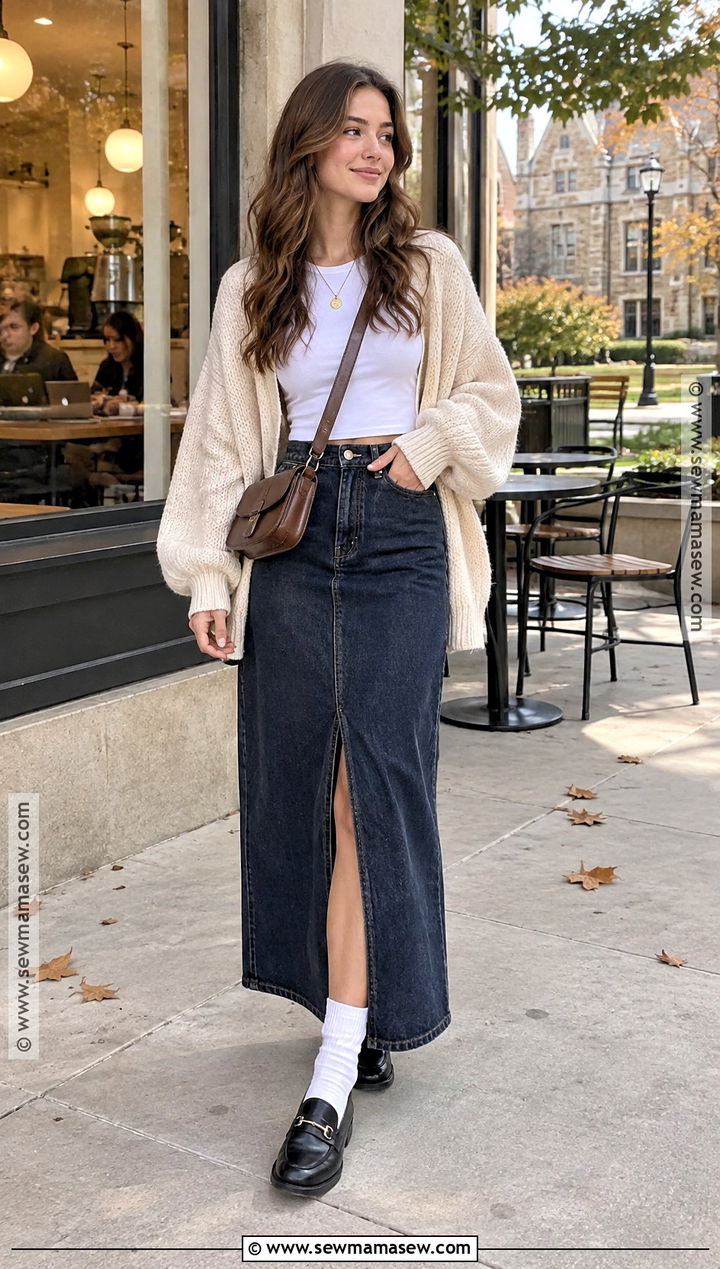 Fall University Outfit With a Cardigan and Denim Maxi Skirt - 20 fall university outfits