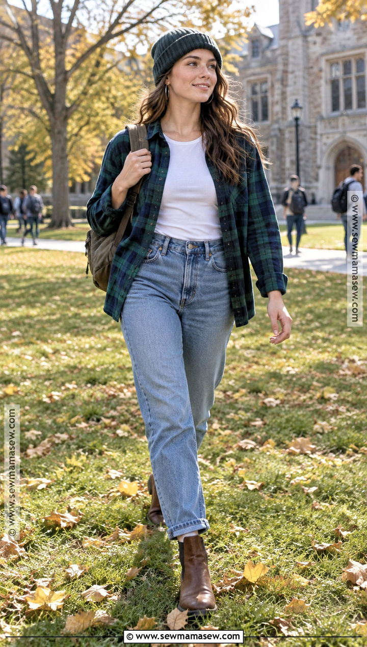 Fall University Outfit With a Flannel Shirt and Mom Jeans - 20 fall university outfits