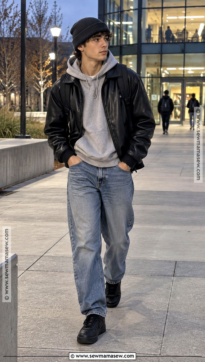 Fall University Outfit With a Hoodie and Leather Jacket - 20 fall university outfits