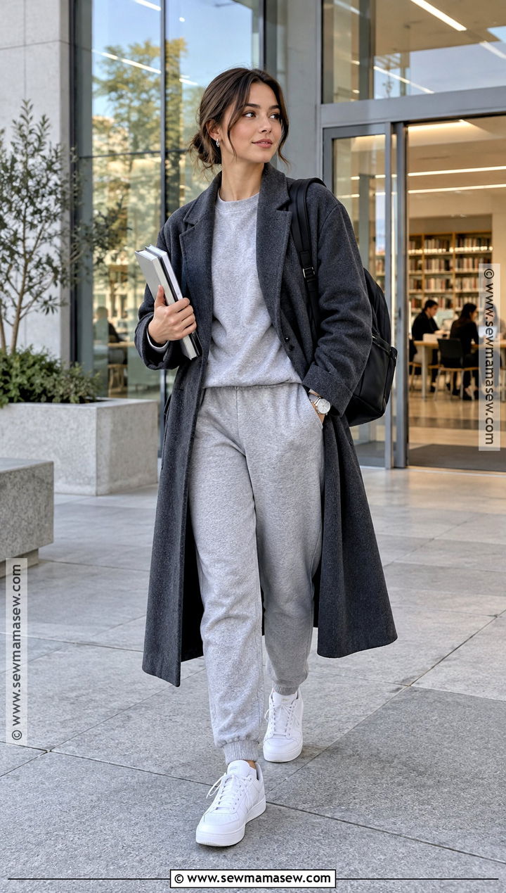 Fall University Outfit With a Monochrome Sweatsuit and Long Coat - 20 fall university outfits