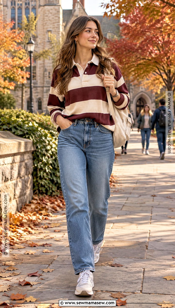 Fall University Outfit With a Rugby Shirt and Straight Leg Jeans - 20 fall university outfits