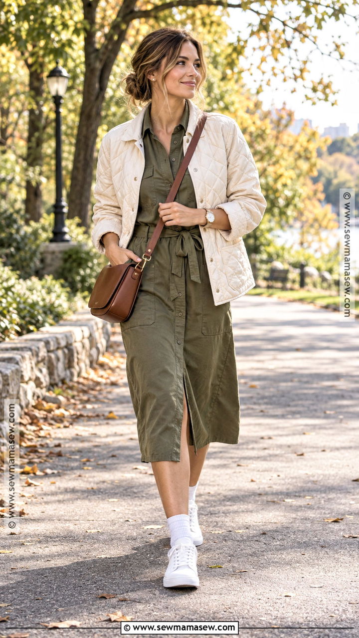 Fall Utility Dress With Quilted Jacket And Sneakers - 20 dress outfits fall