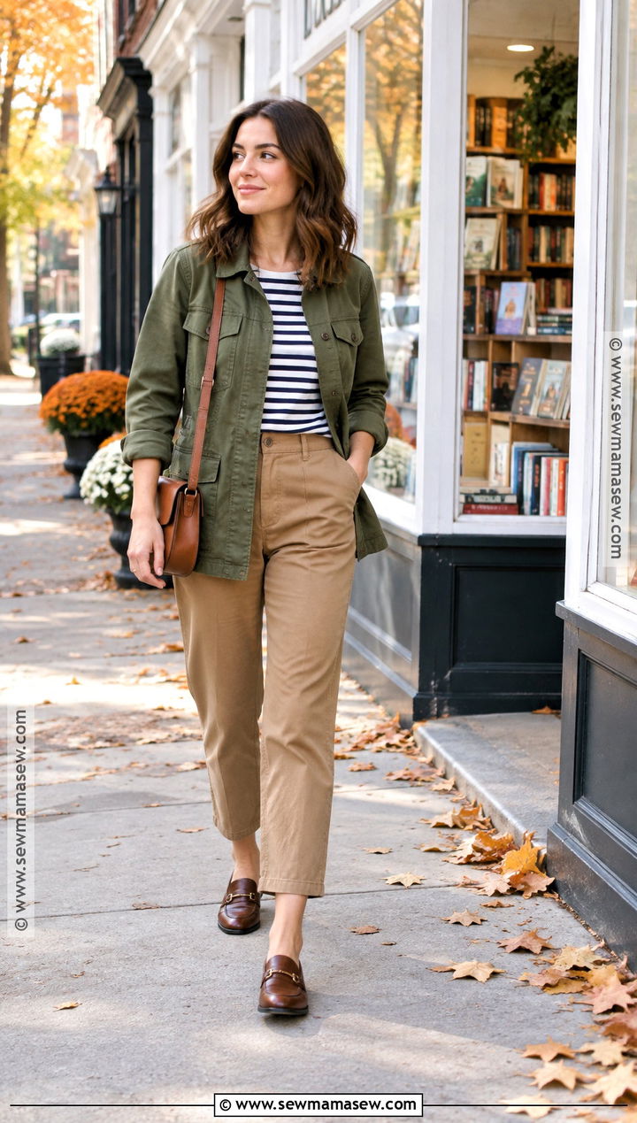 Fall Utility Jacket And Striped Shirt Outfit - 25 Fall Layering Outfits
