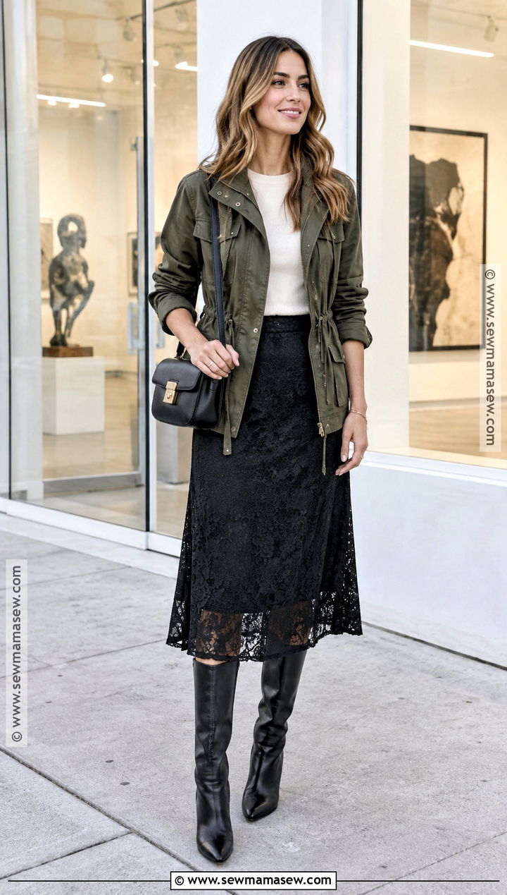 Fall Utility Jacket Outfit With A Lace Midi Skirt - 15 Fall Clothing Inspiration Ideas