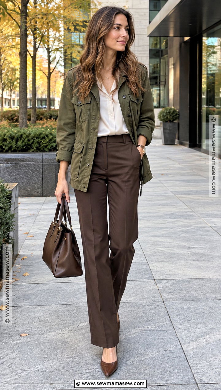 Fall Utility Jacket Outfit With A Silk Blouse - 20 Dressy Casual Outfits Fall