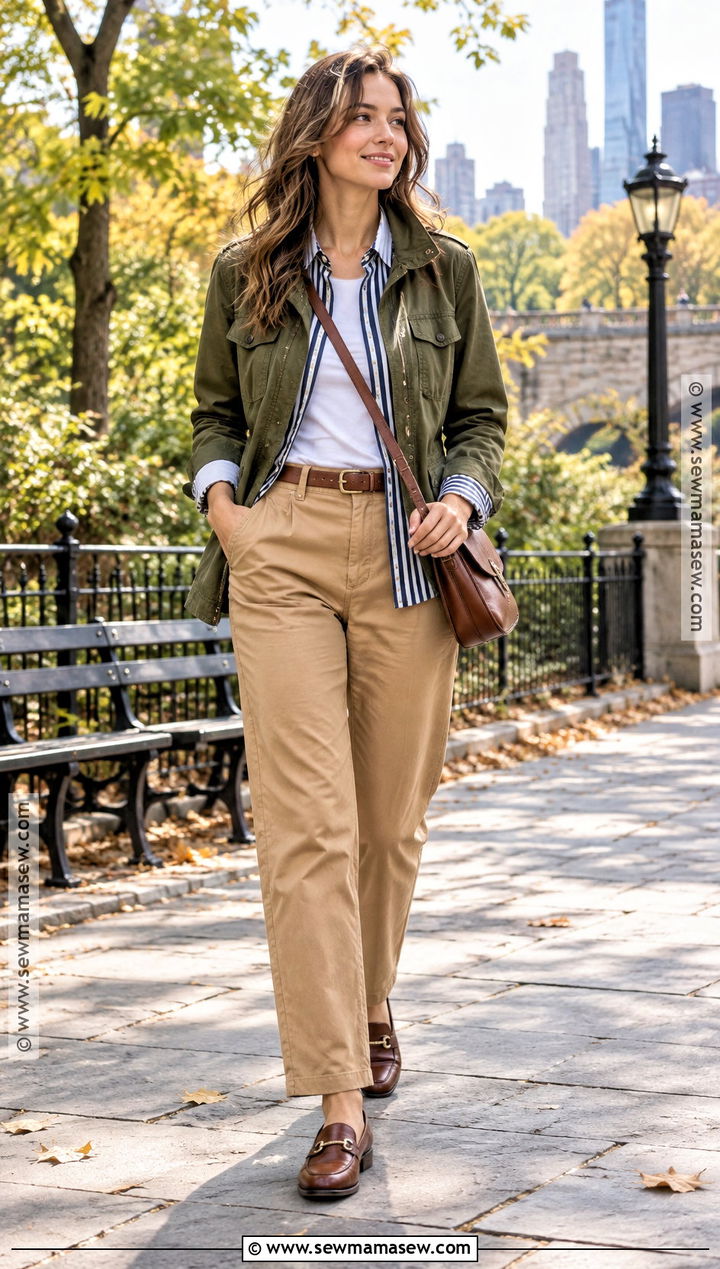 Fall Utility Jacket Outfit With Striped Shirt And Chinos - 25 Fall Layering Ideas