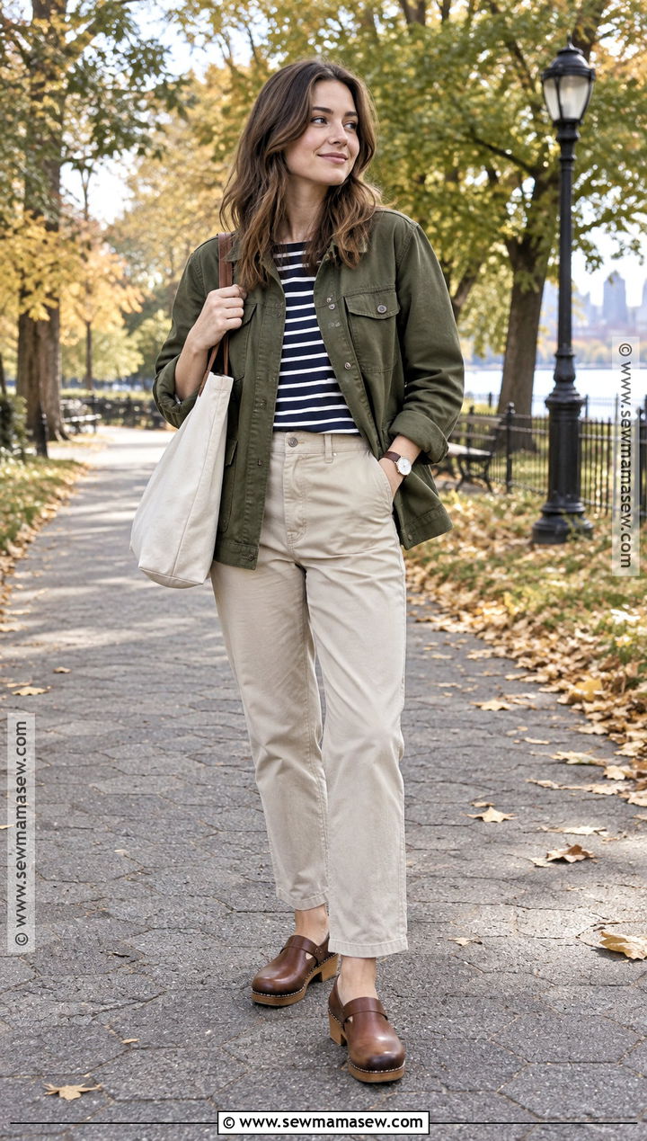 Fall Utility Jacket Outfit With Striped Shirt And Chinos - 15 layering clothes for fall