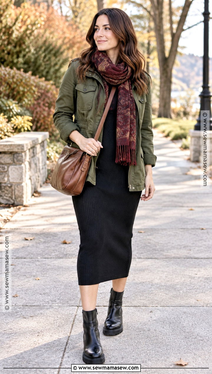 Fall Utility Jacket With Knit Dress And Boots - 15 fall fashion style ideas