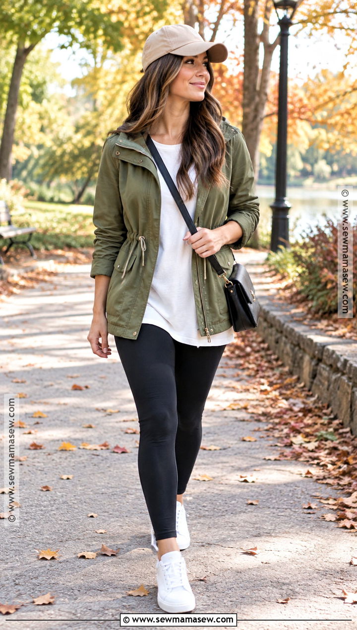 Fall Utility Jacket and Black Leggings Outfit - 20 Fall Staple Wardrobe Ideas