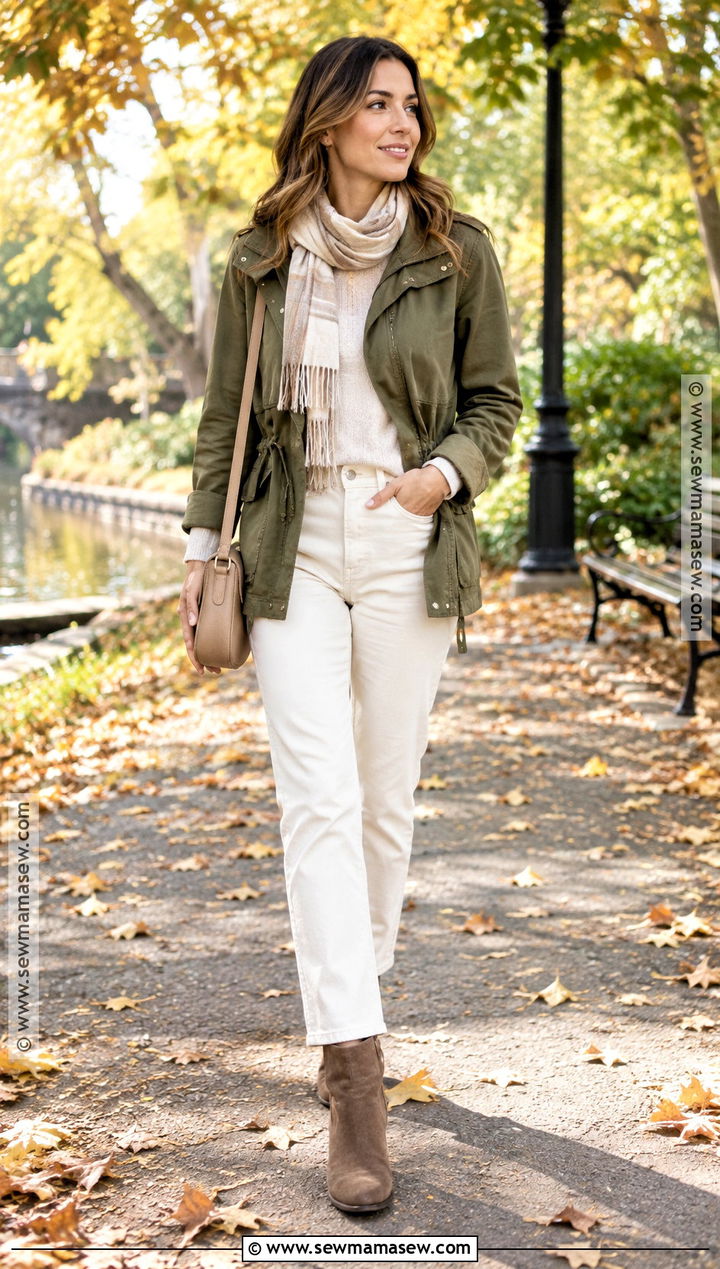 Fall Utility Jacket and Neutral Jeans Outfit - 15 Minimalist Fall Capsule Wardrobe Ideas