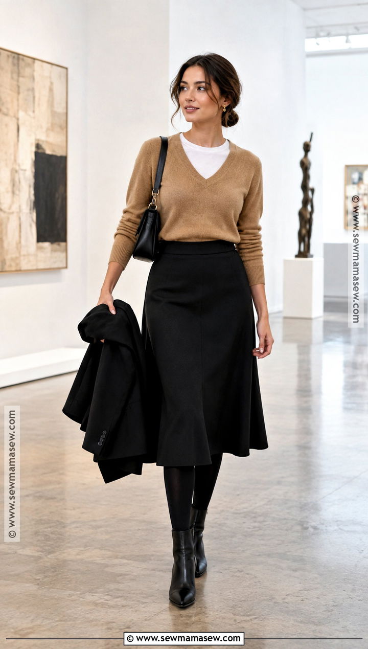 Fall V Neck Sweater With Black Midi Skirt - 15 fall sweater outfit ideas
