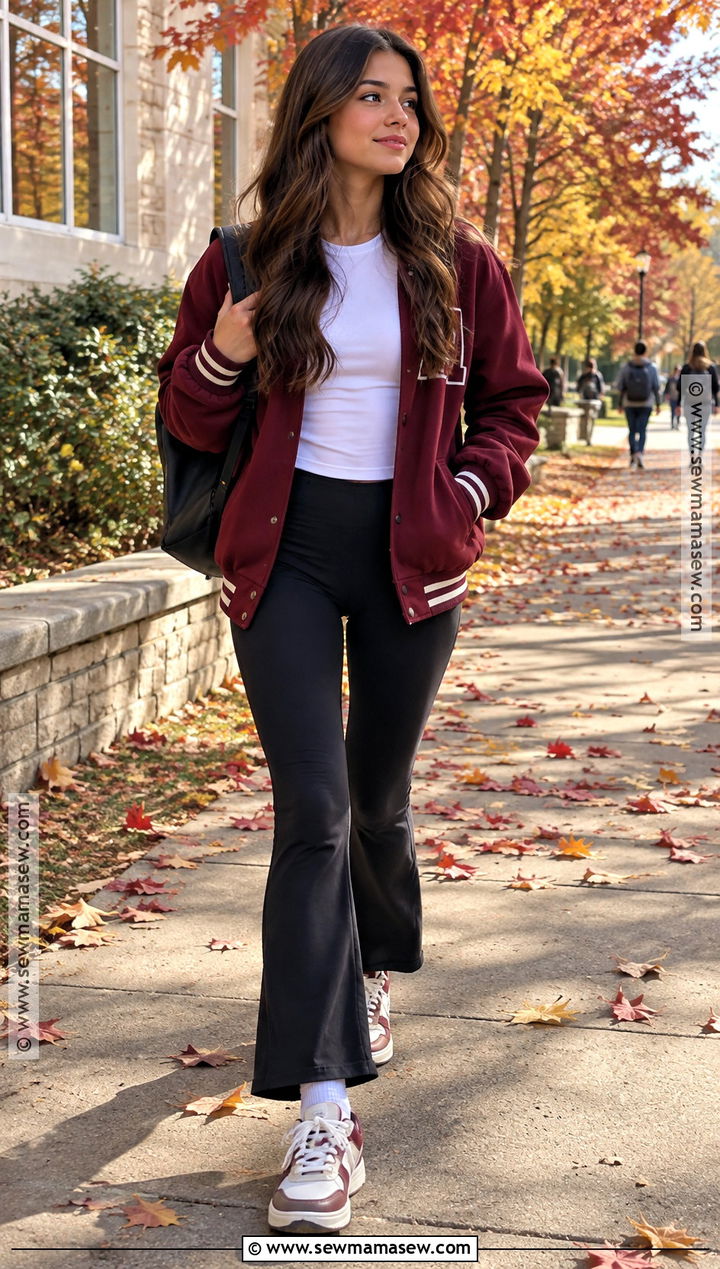 Fall Varsity Jacket And Flared Leggings Outfit - 15 fall fashion inspiration ideas for teens