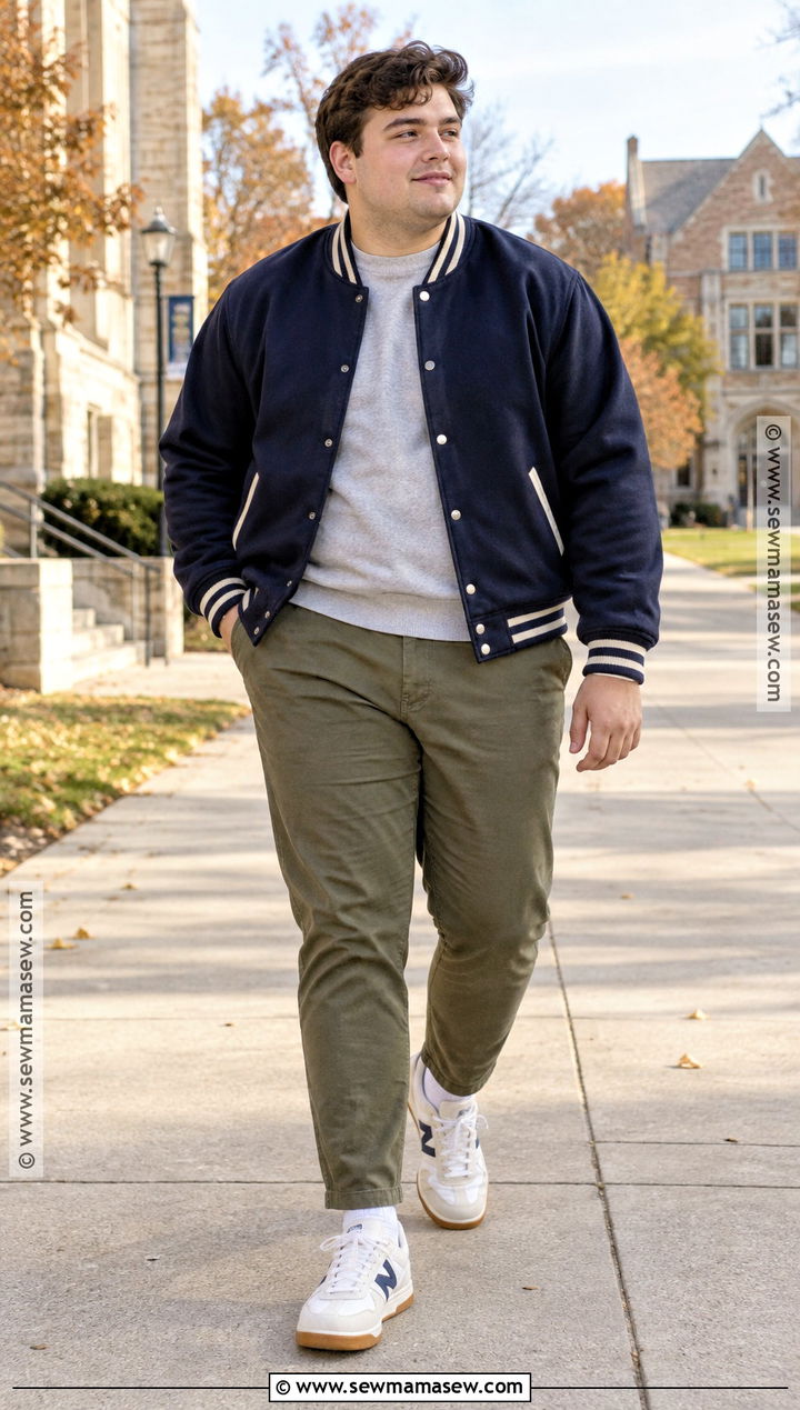 Fall Varsity Jacket With Sweatshirt And Chinos - 15 mens plus size fall fashion ideas