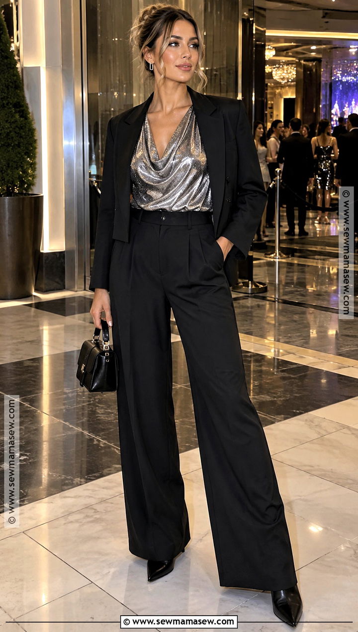 Fall Vegas Metallic Top With Black Trousers - 20 fall vegas outfit ideas