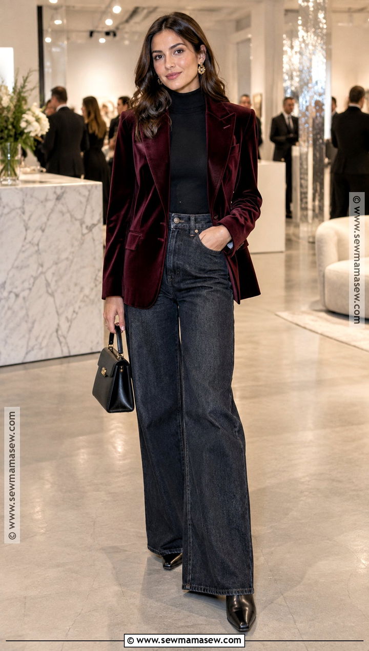 Fall Velvet Blazer and Wide Leg Jeans Outfit - 30 fall fits