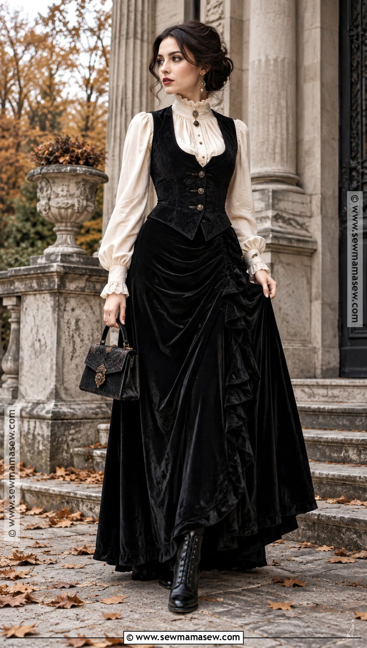 Fall Victorian Goth Blouse And Velvet Skirt Outfit - 25 fall goth outfits