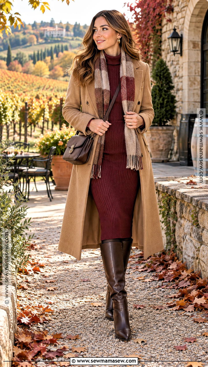 Fall Vineyard Coat And Tall Boots Outfit - 15 Vinyard Wine Tasting Outfit Fall Ideas