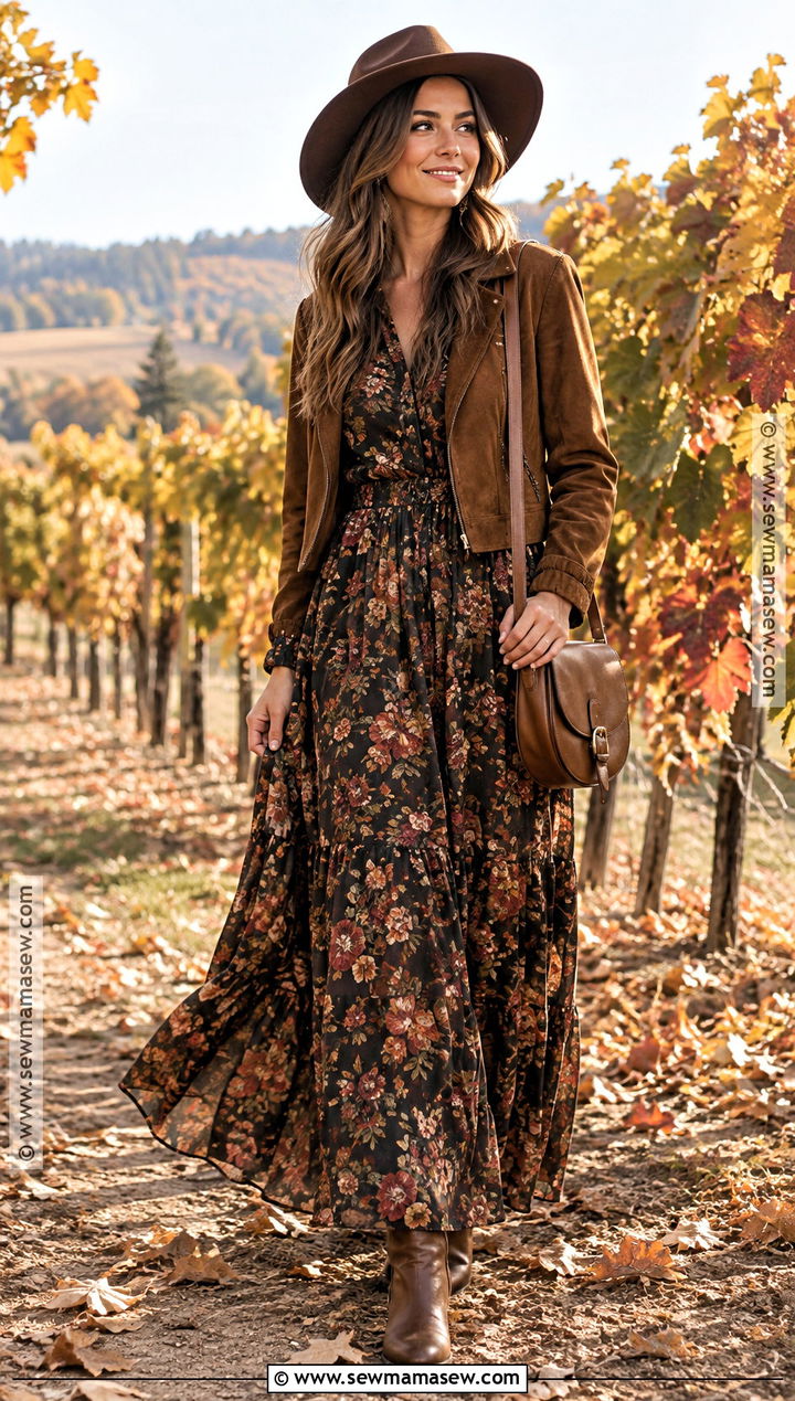 Fall Vineyard Floral Maxi Dress Outfit - 15 Vinyard Wine Tasting Outfit Fall Ideas