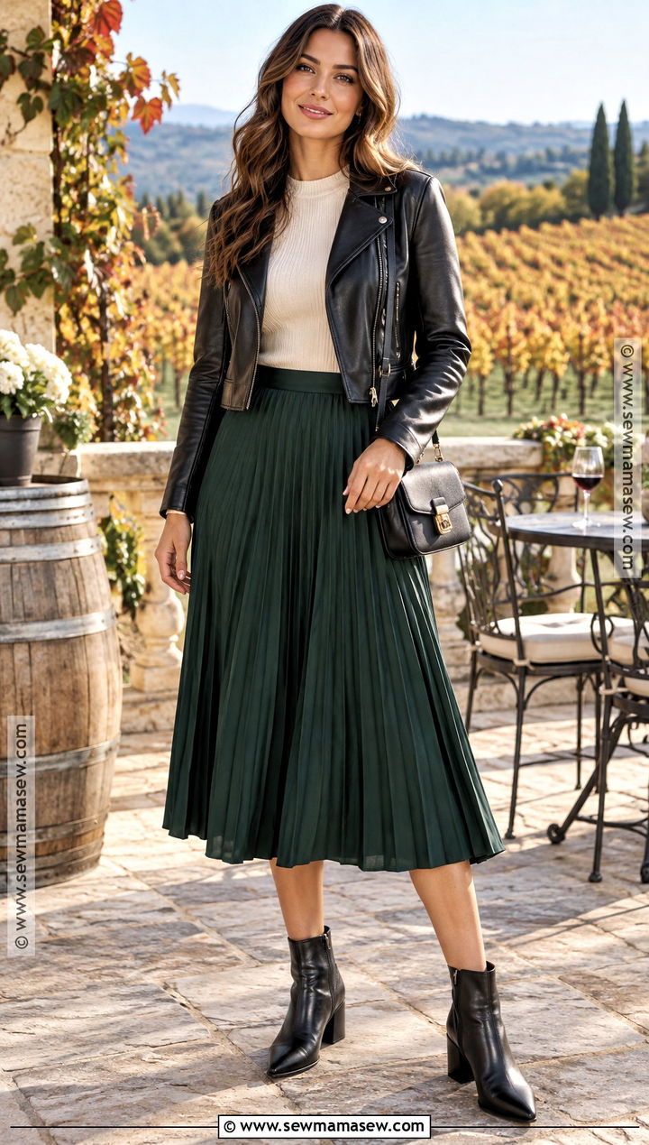 Fall Vineyard Leather Jacket And Midi Skirt Outfit - 15 Vinyard Wine Tasting Outfit Fall Ideas