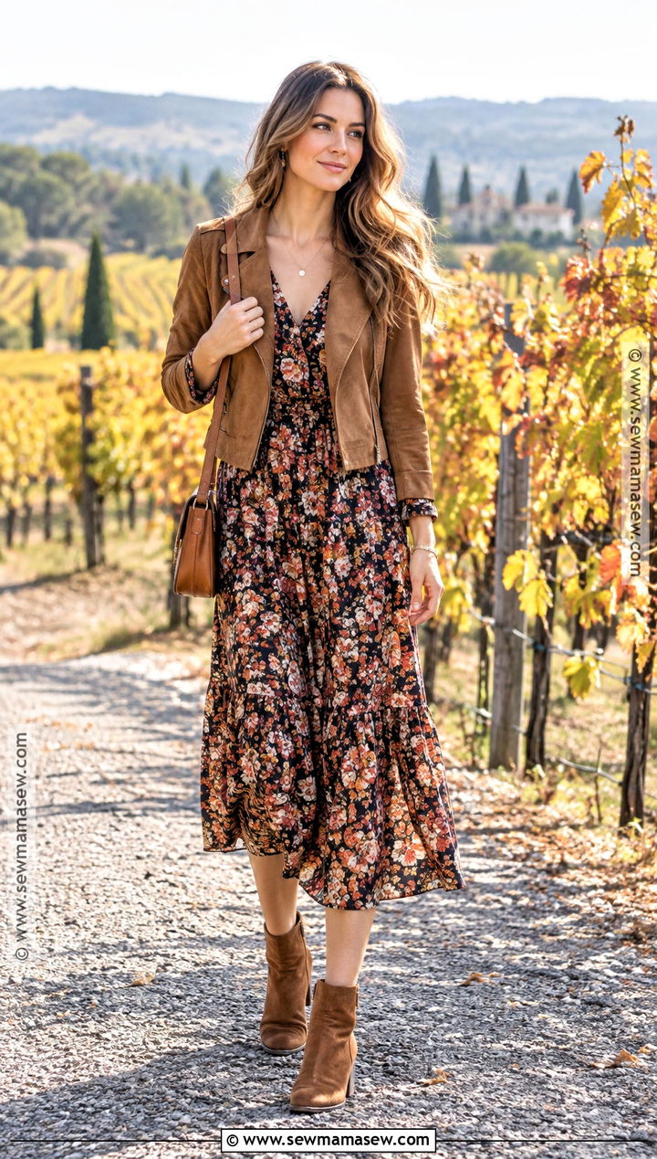 Fall Vineyard Outfit With Floral Midi Dress And Boots - 25 fall wine tasting outfit ideas