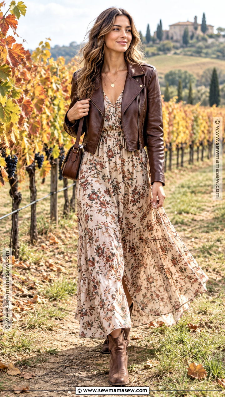 Fall Vineyard Outfit With Leather Jacket And Maxi Dress - 25 fall wine tasting outfit ideas
