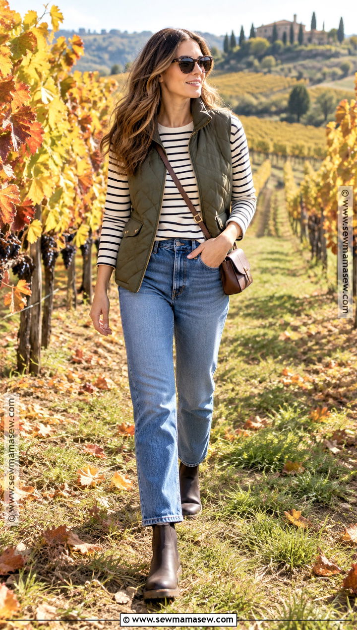 Fall Vineyard Outfit With Quilted Vest And Jeans - 25 fall wine tasting outfit ideas