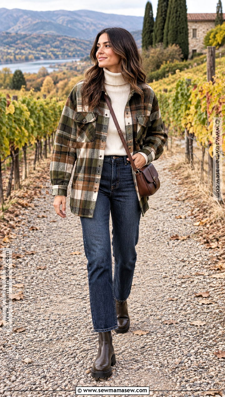 Fall Vineyard Outfit With Shacket And Dark Jeans - 25 fall wine tasting outfit ideas