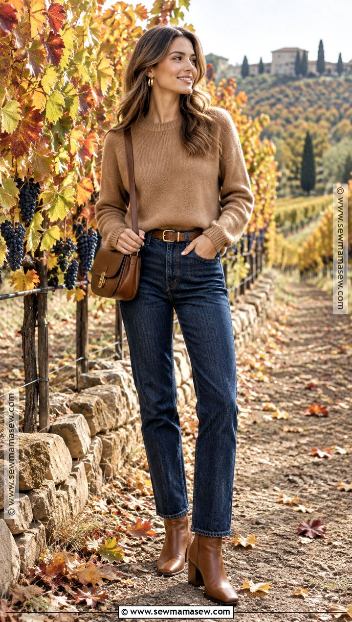 Fall Vineyard Outfit With Sweater And Straight Leg Jeans - 25 fall wine tasting outfit ideas