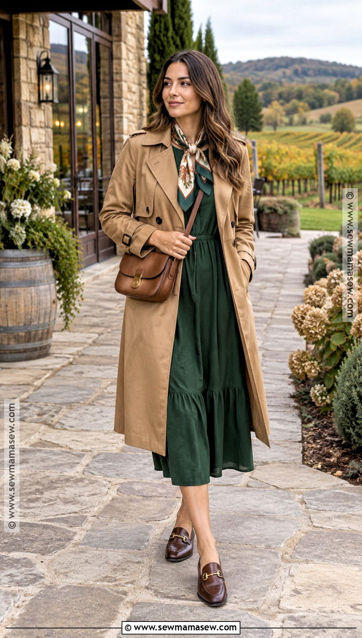 Fall Vineyard Outfit With Trench Coat And Midi Dress - 25 fall wine tasting outfit ideas