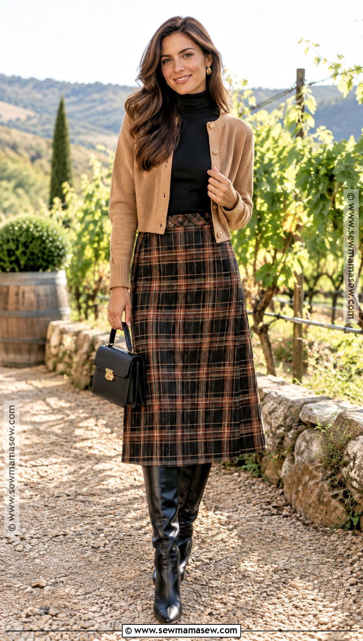 Fall Vineyard Outfit With Turtleneck And Plaid Skirt - 25 fall wine tasting outfit ideas