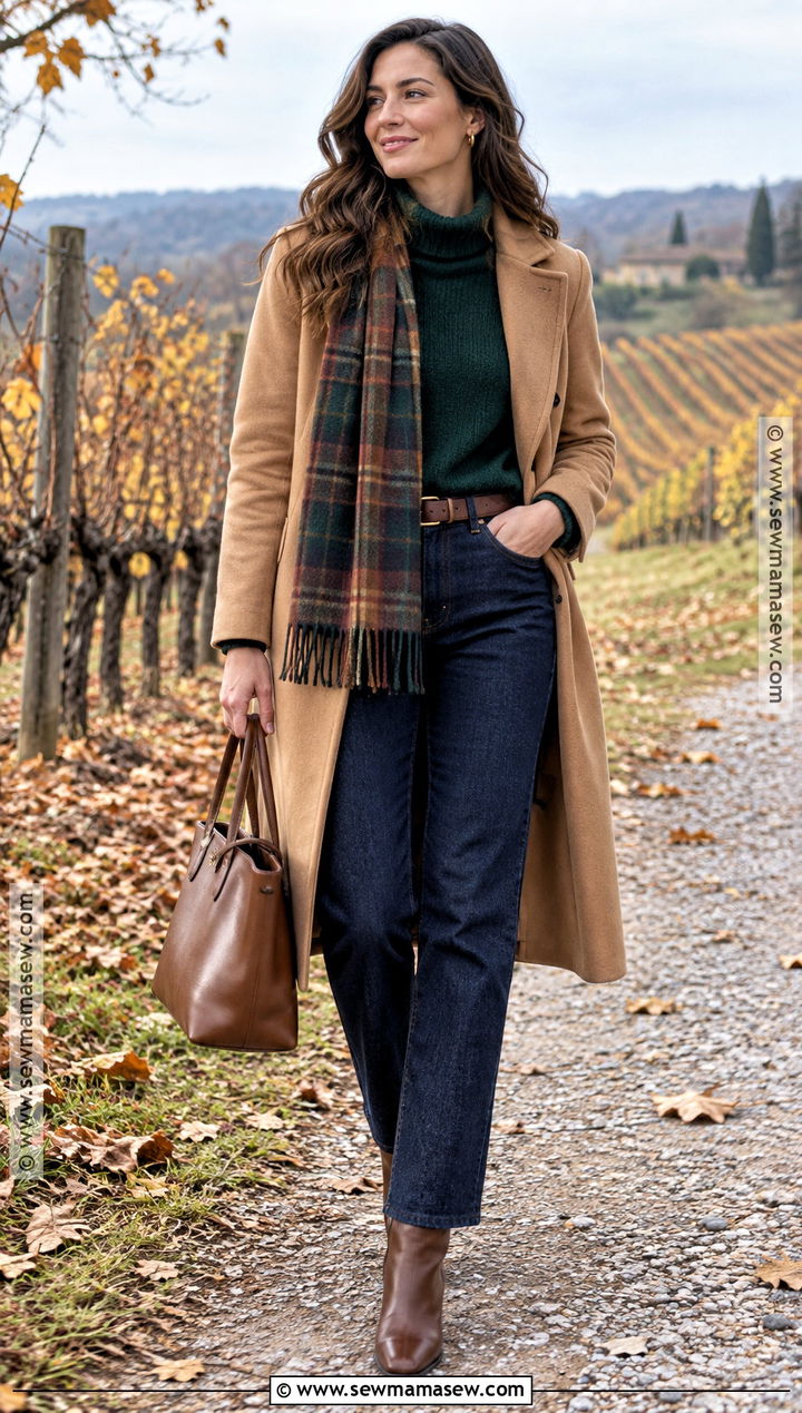 Fall Vineyard Outfit With Wool Coat And Dark Denim - 25 fall wine tasting outfit ideas