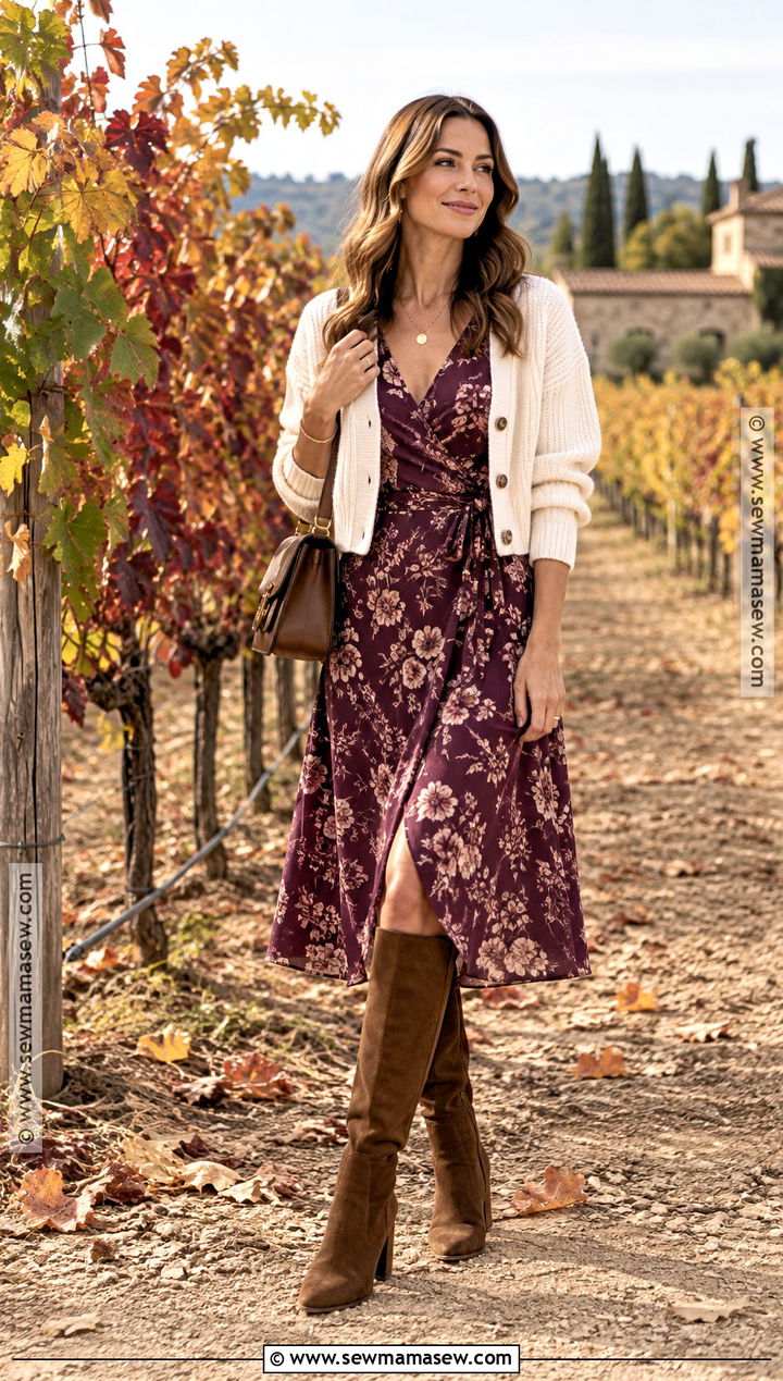 Fall Vineyard Outfit With Wrap Dress And Tall Boots - 25 fall wine tasting outfit ideas