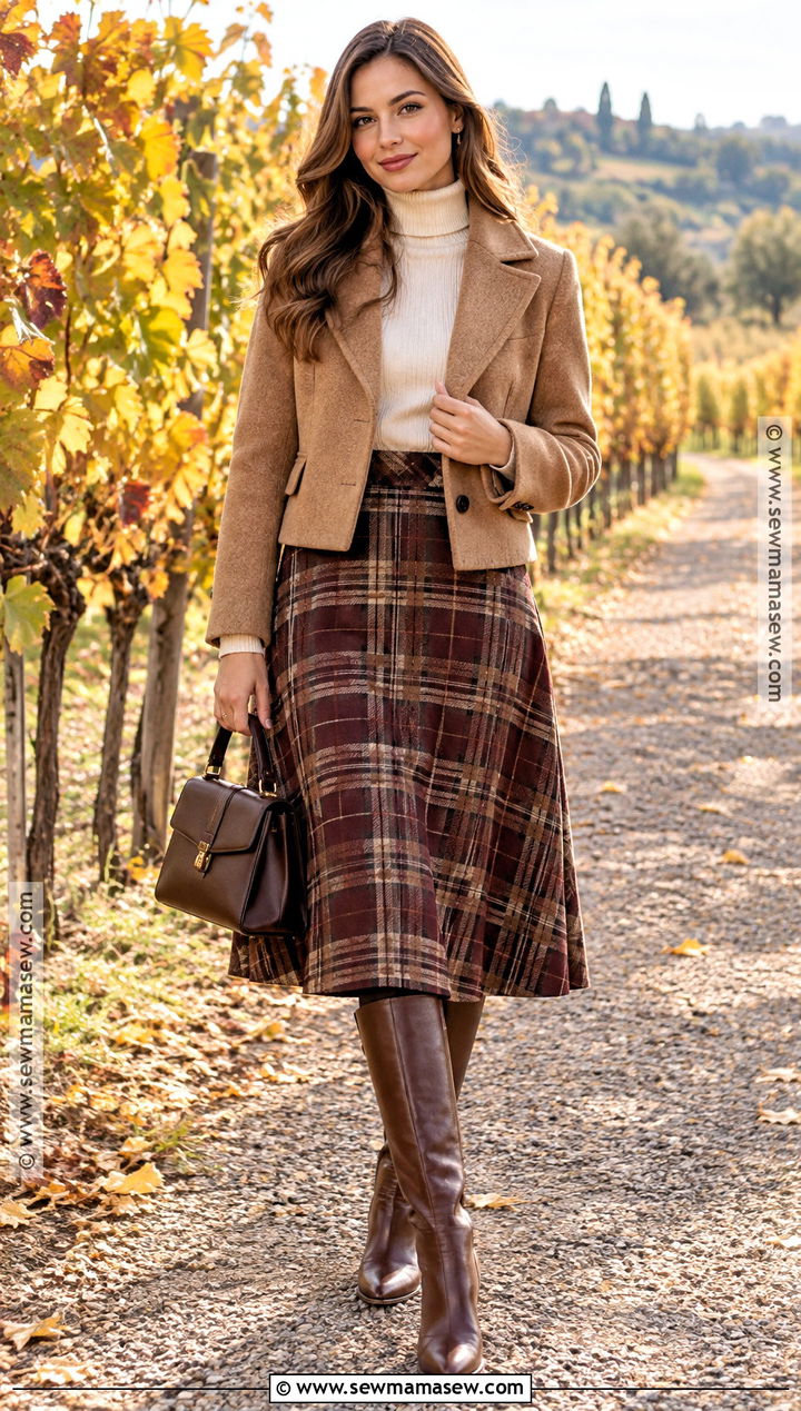 Fall Vineyard Plaid Skirt And Turtleneck Outfit - 15 Vinyard Wine Tasting Outfit Fall Ideas