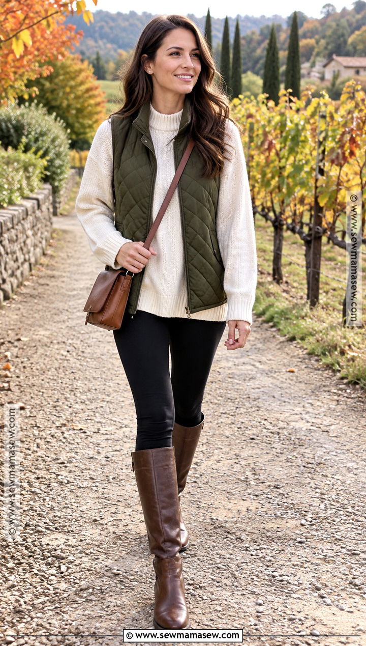 Fall Vineyard Quilted Vest And Leggings Outfit - 15 Vinyard Wine Tasting Outfit Fall Ideas