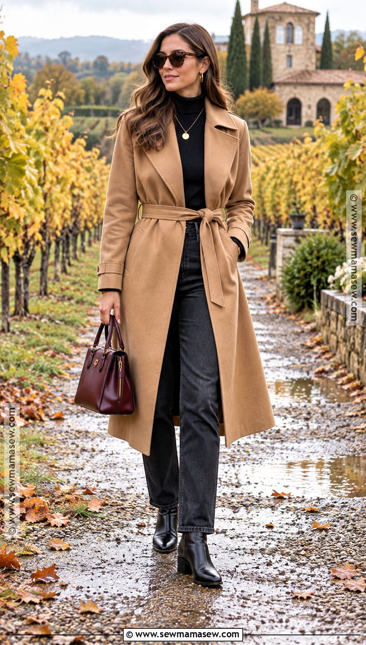 Fall Vineyard Trench Coat And Dark Jeans Outfit - 15 Vinyard Wine Tasting Outfit Fall Ideas
