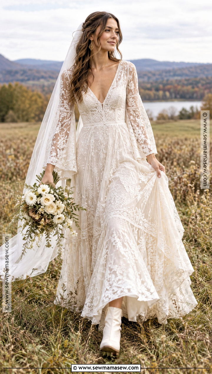 Fall Wedding Dress With Boho Bell Sleeves - 20 Fall Wedding Dress Sleeves Ideas