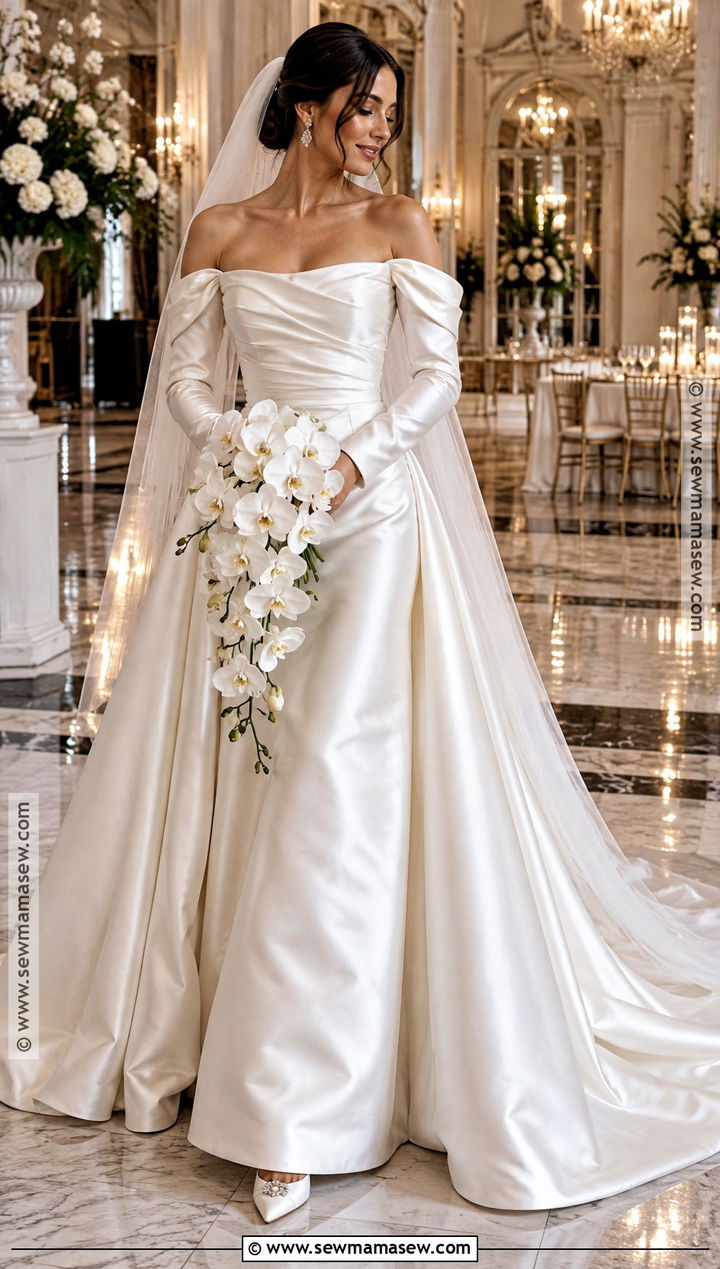 Fall Wedding Dress With Draped Off Shoulder Sleeves - 20 Fall Wedding Dress Sleeves Ideas