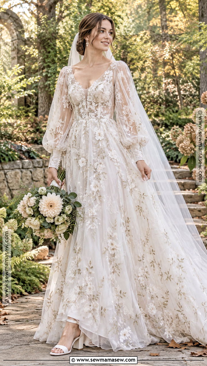 Fall Wedding Dress With Floral Balloon Sleeves - 20 Fall Wedding Dress Sleeves Ideas