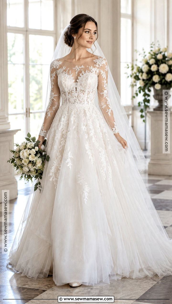 Fall Wedding Dress With Illusion Lace Sleeves - 20 Fall Wedding Dress Sleeves Ideas