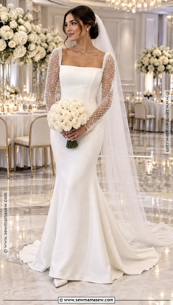 Fall Wedding Dress With Pearl Illusion Sleeves - 20 Fall Wedding Dress Sleeves Ideas