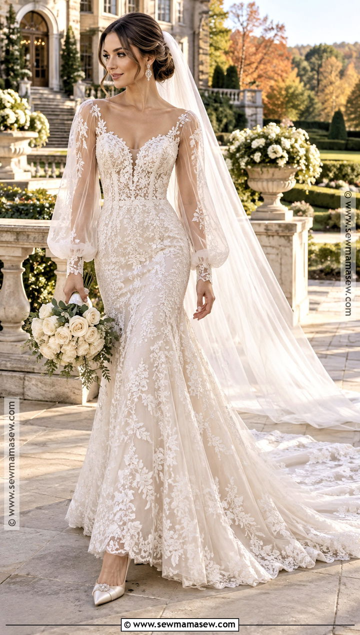 Fall Wedding Dress With Sheer Bishop Sleeves - 20 Fall Wedding Dress Sleeves Ideas