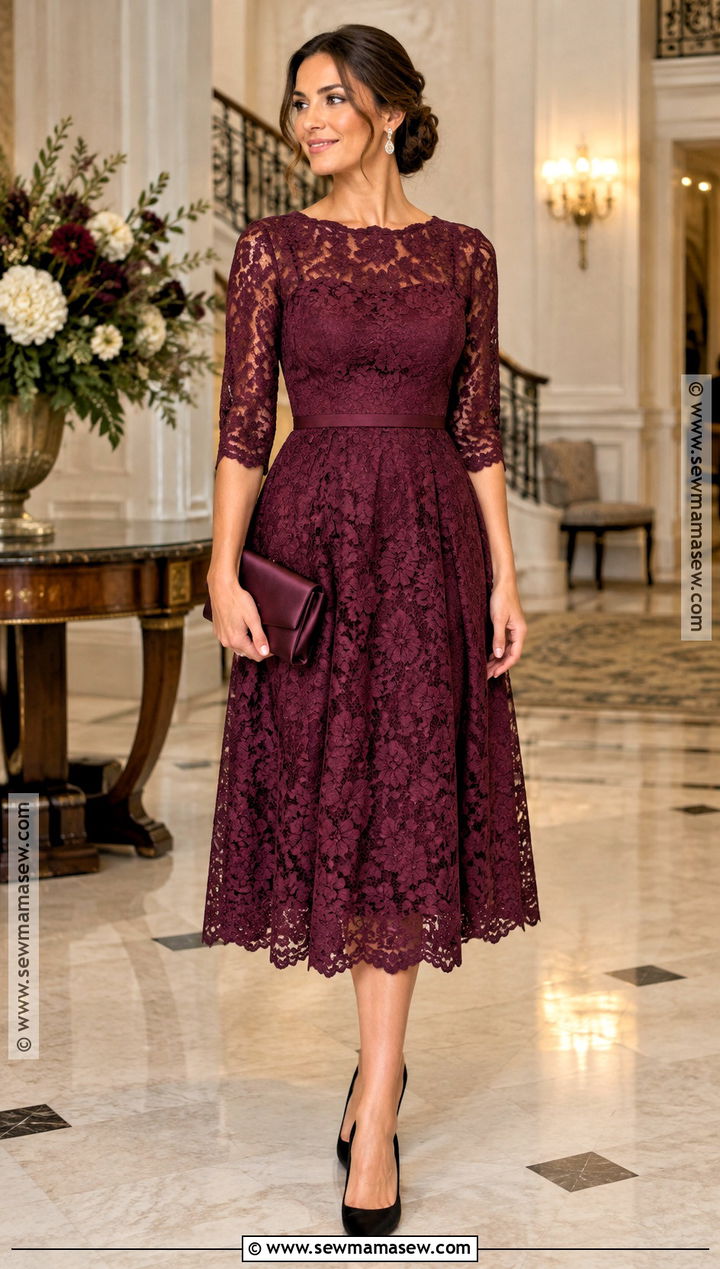 Fall Wedding Guest Berry Lace Midi Dress - 20 fall wedding attire guest ideas