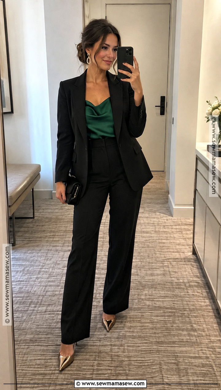 Fall Wedding Guest Black Pantsuit And Satin Camisole - 15 Wedding Dress Guest Outfit Fall Ideas
