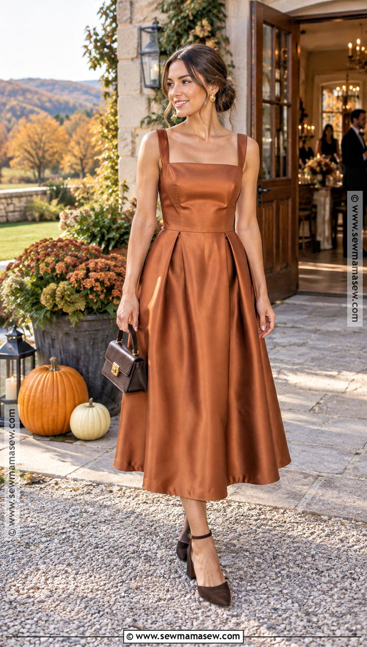 Fall Wedding Guest Copper A Line Midi Dress - 15 Wedding Dress Guest Outfit Fall Ideas