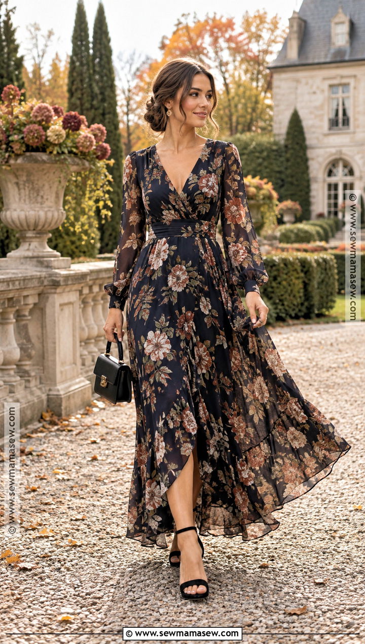 Fall Wedding Guest Dark Floral Long Sleeve Maxi Dress - 20 fall wedding attire guest ideas