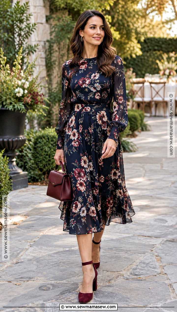 Fall Wedding Guest Dark Floral Midi Dress - 15 Wedding Dress Guest Outfit Fall Ideas