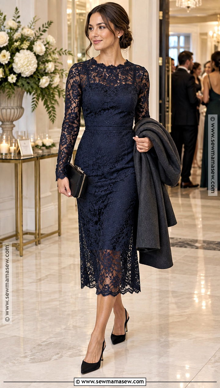 Fall Wedding Guest Lace Midi Dress And Slingback Heels - 15 Wedding Dress Guest Outfit Fall Ideas