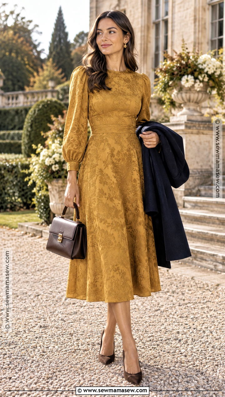 Fall Wedding Guest Mustard Jacquard Midi Dress - 20 fall wedding attire guest ideas