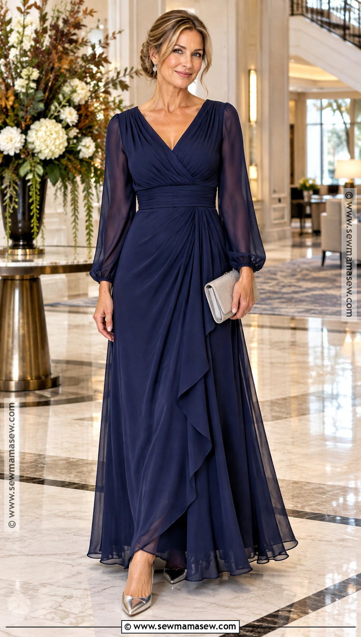 Fall Wedding Guest Navy Long Sleeve Maxi Dress - 15 Wedding Dress Guest Outfit Fall Ideas